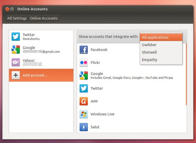 Приложение Online Accounts добавлено в Ubuntu 12.10